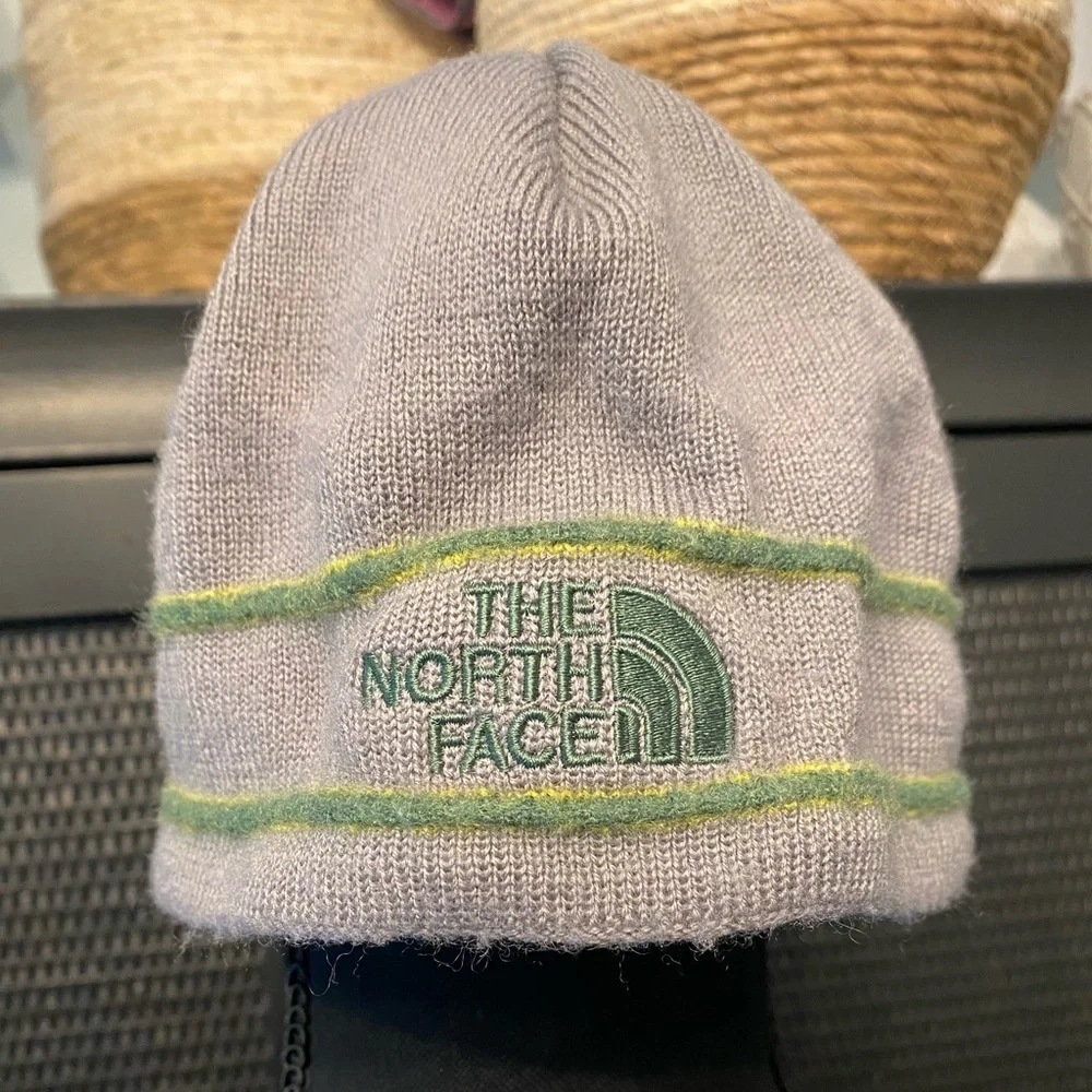 The North Face Gray Green Knit Fleece Lined Beanie Hat Toboggan